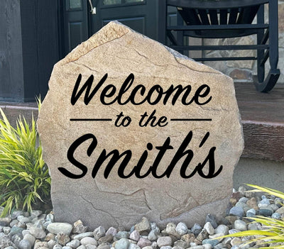 Personalized welcome name stone engraved for outdoor landscaping décor