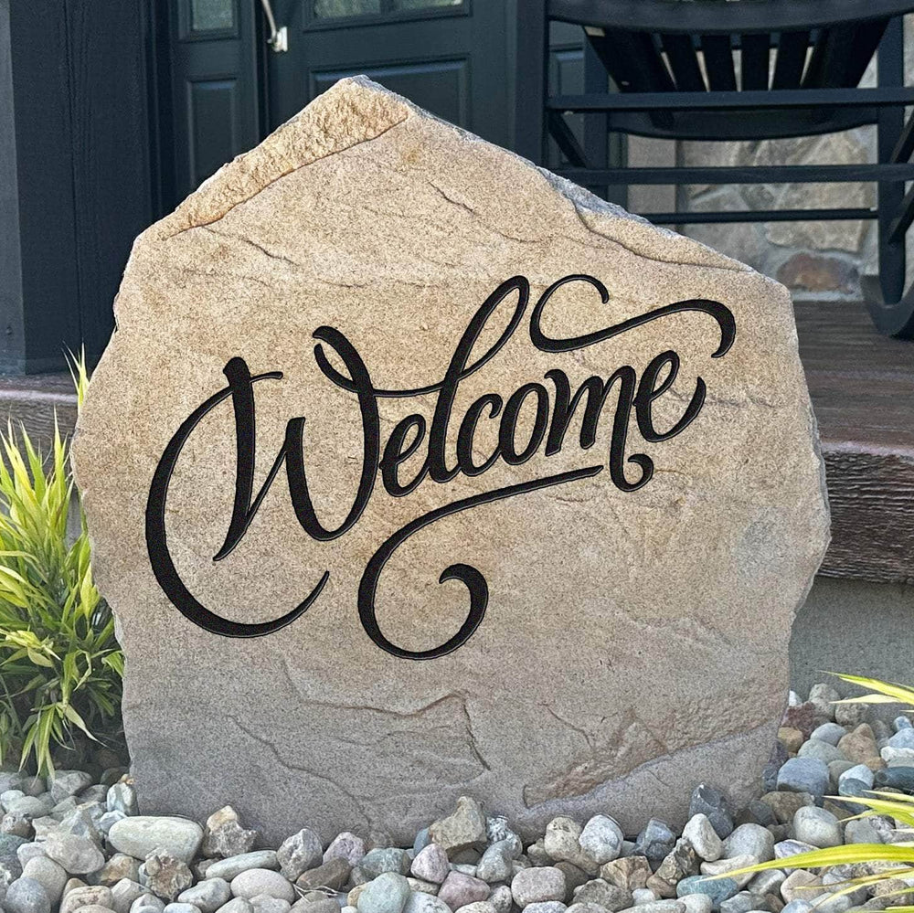 Welcome engraved stone creating a warm first impression while enhancing front gardens, walkways, porches, and beautifully landscaped entryways.