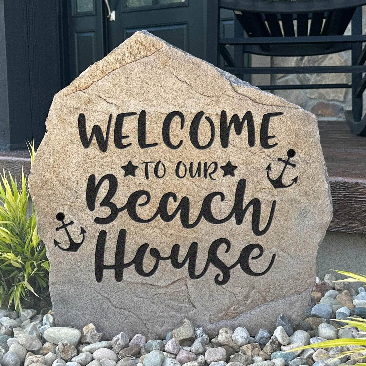 Welcome To Our Beach House engraved stone bringing coastal charm to oceanfront homes, vacation properties, patios, and seaside landscapes.
