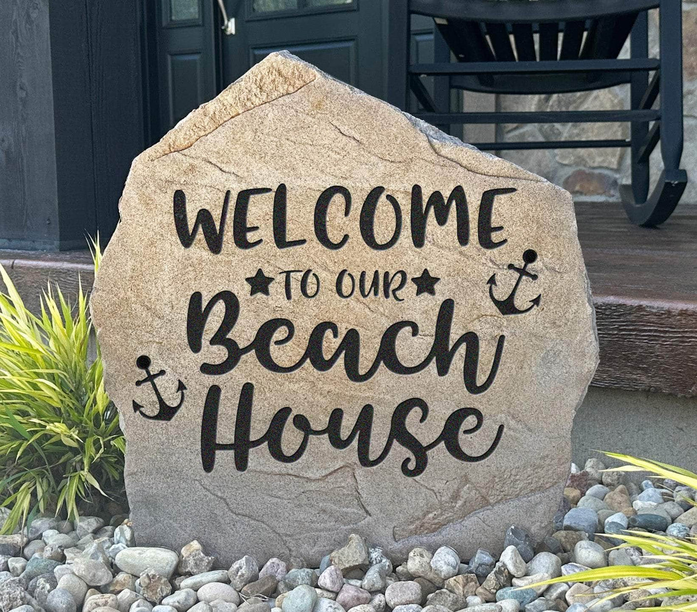 Welcome to our beach house engraved stone for coastal homes