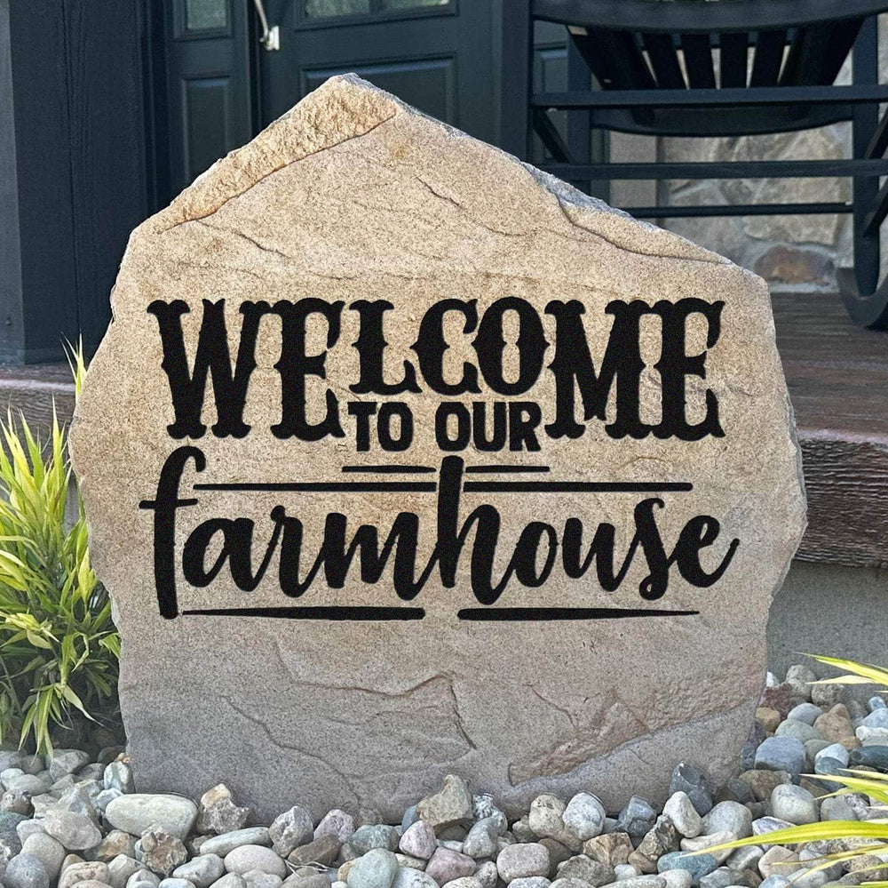 Welcome To Our Farmhouse engraved stone creating a warm country welcome while enhancing front porches, gardens, and rural landscapes.