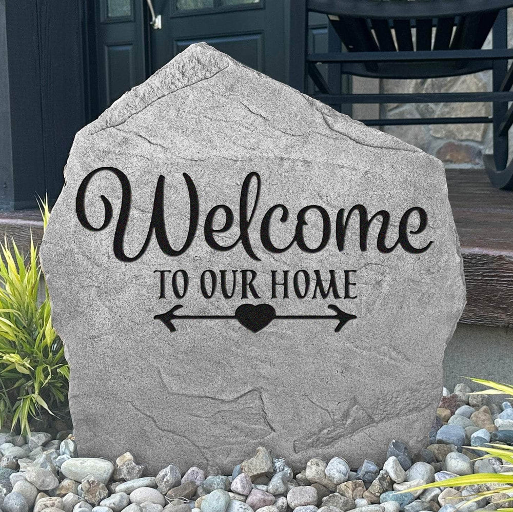 Welcome To Our Home engraved stone creating a warm first impression while enhancing front gardens, walkways, porches, and landscaped entryways.