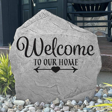 Welcome To Our Home engraved stone creating a warm first impression while enhancing front gardens, walkways, porches, and landscaped entryways.