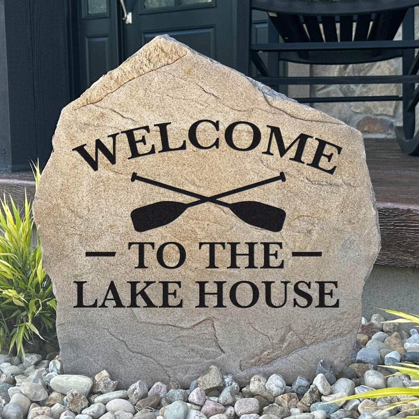 Welcome To The Lake House engraved stone creating a warm lakeside greeting for guests while enhancing docks, gardens, patios, and waterfront landscapes.