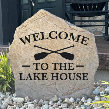 Welcome To The Lake House engraved stone creating a warm lakeside greeting for guests while enhancing docks, gardens, patios, and waterfront landscapes.