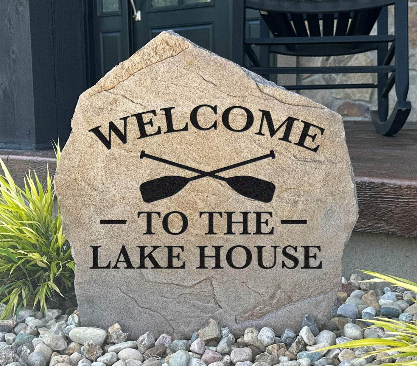 Engraved Welcome to the Lake House stone for outdoor landscaping décor
