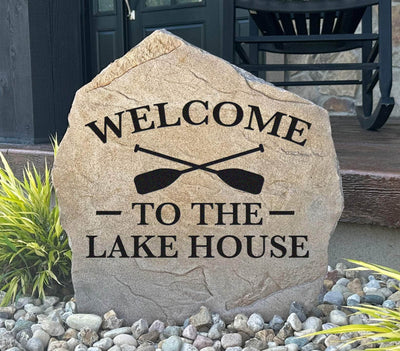 Engraved Welcome to the Lake House stone for outdoor landscaping décor