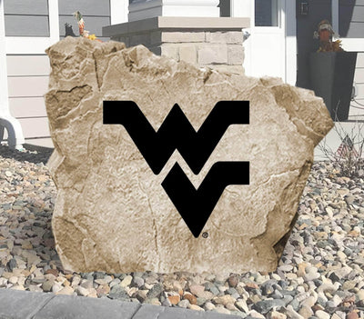 West Virginia University logo engraved into concrete landscaping stone