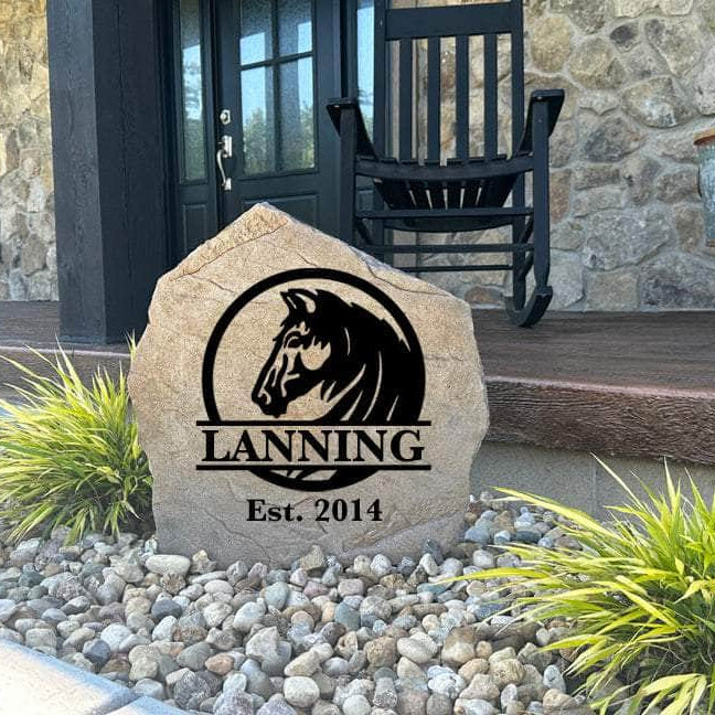 Decorative Horse Monogram Name Stone featuring a personalized monogram and horse design permanently engraved into the stone surface. Perfect for farms, ranches, gardens, patios, and entryways, this outdoor accent celebrates a love for horses.
