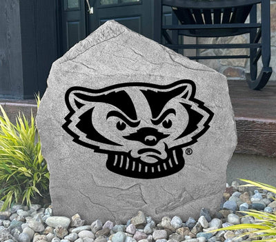 Bold outdoor rock with Wisconsin Badgers Bucky logo, ideal for landscaping.