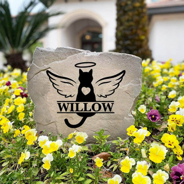 Weather-resistant feline memorial monument designed to create a peaceful place of remembrance in flower beds, memorial gardens, or backyard landscapes.