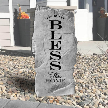 Bless This Home engraved garden stone offering a heartfelt welcome while adding timeless charm to front yards, flower beds, and entryway landscaping.