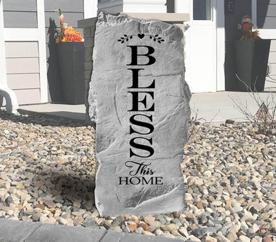 Engraved stone with Bless This Home design for garden or entryway