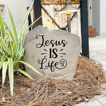 expression of hope and devotion for your home.
Faith-based outdoor stone featuring the message "Jesus Is Life," designed to bring encouragement and spiritual beauty to flower beds, patios, and entryways.