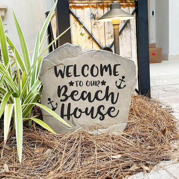 Coastal landscape stone featuring the phrase "Welcome To Our Beach House," perfect for entryways, garden beds, walkways, and outdoor entertaining areas.