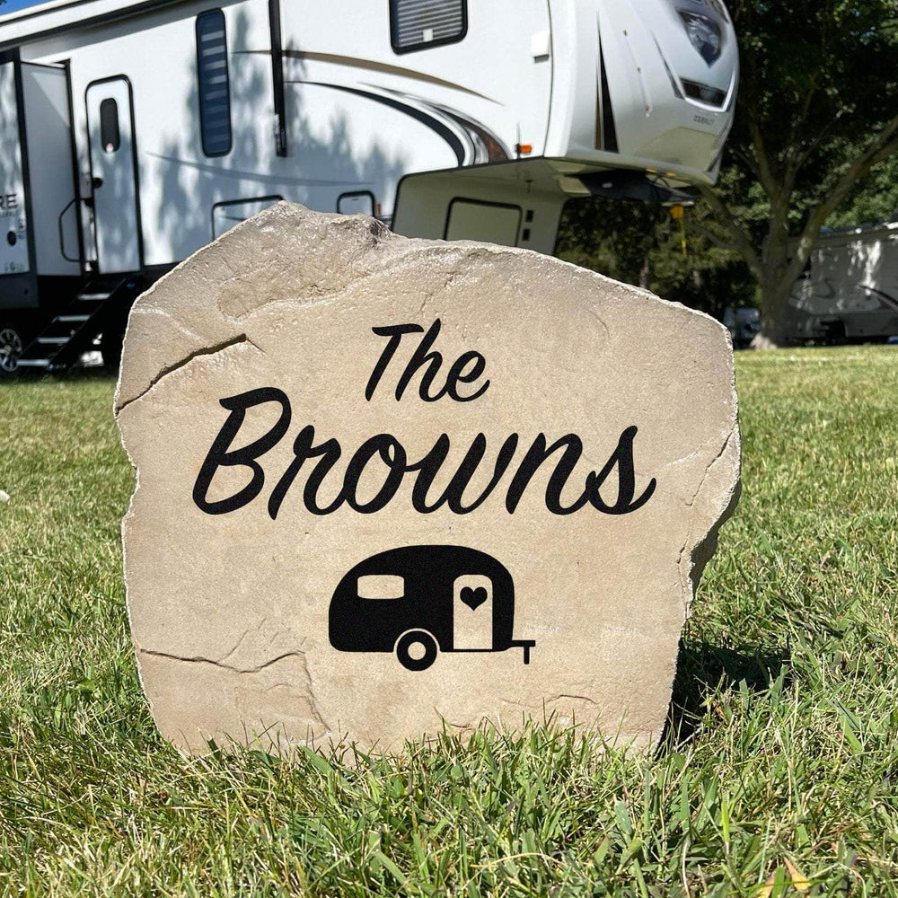 Decorative camper family name landscape stone designed to enhance your campsite with custom engraving and timeless outdoor style.