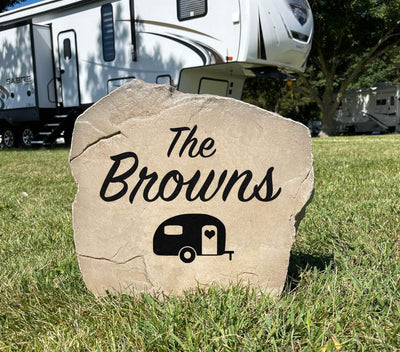 Rustic engraved rock with camper design for outdoor yard decor