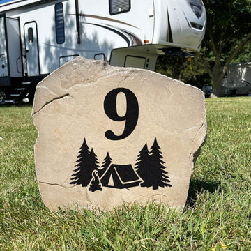 Decorative camping address marker featuring personalized engraving, perfect for seasonal campsites, travel trailers, cabins, and lake properties.