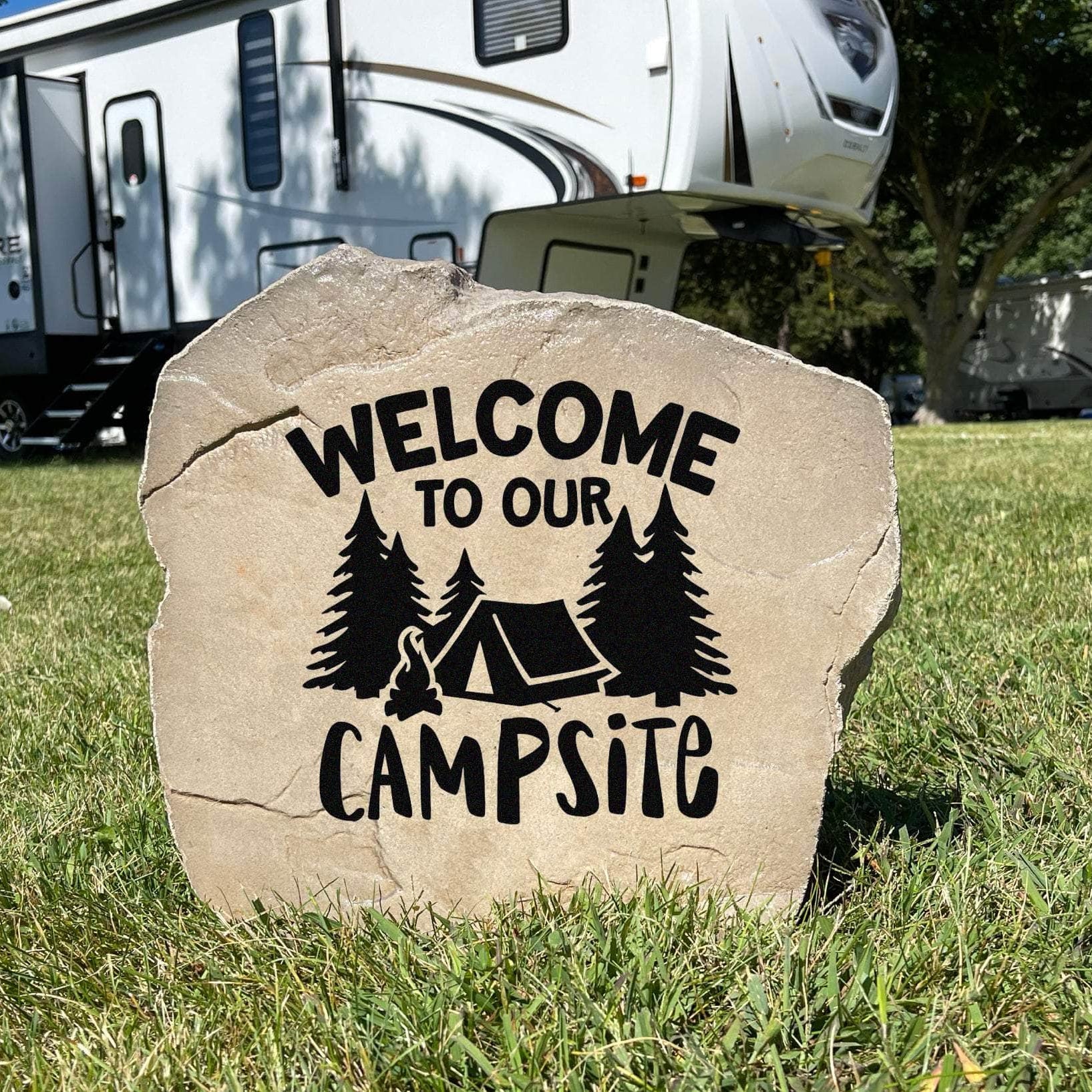 Personalized camping landscape stone featuring the message "Welcome To Our Campsite," perfect for creating an inviting outdoor retreat.