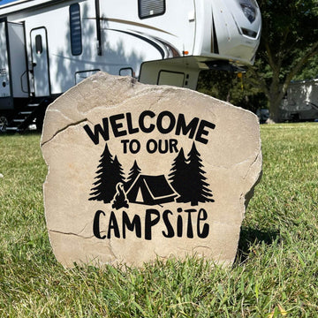 Personalized camping landscape stone featuring the message "Welcome To Our Campsite," perfect for creating an inviting outdoor retreat.
