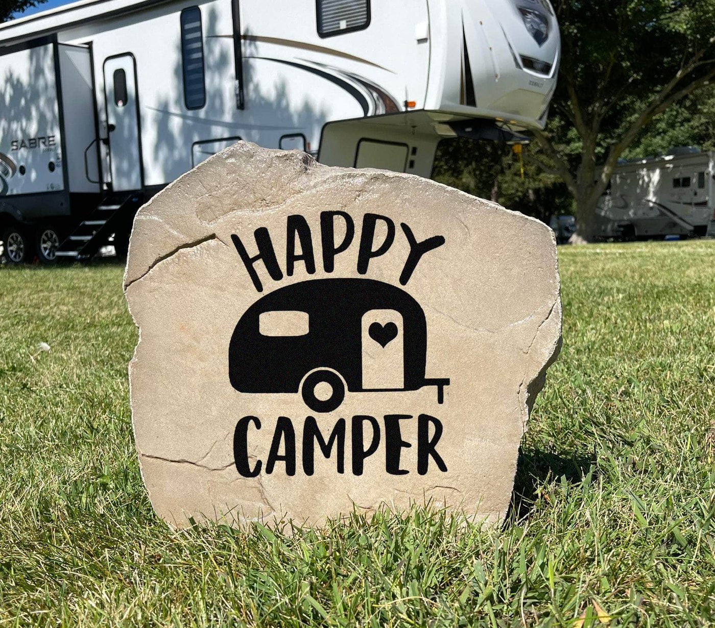 Custom engraved Happy Camper stone, perfect camping gift idea.