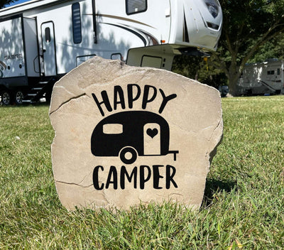 Custom engraved Happy Camper stone, perfect camping gift idea.