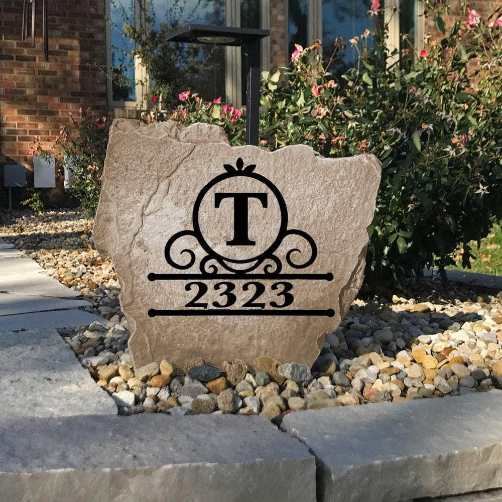 Handcrafted engraved Fancy Monogram address monument combining premium artistry with personalized home identification for a distinguished landscape centerpiece.