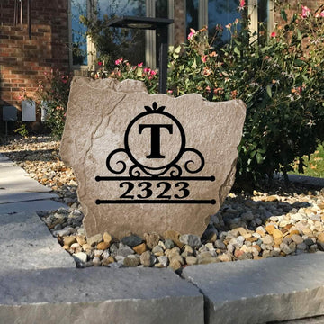 Handcrafted engraved Fancy Monogram address monument combining premium artistry with personalized home identification for a distinguished landscape centerpiece.