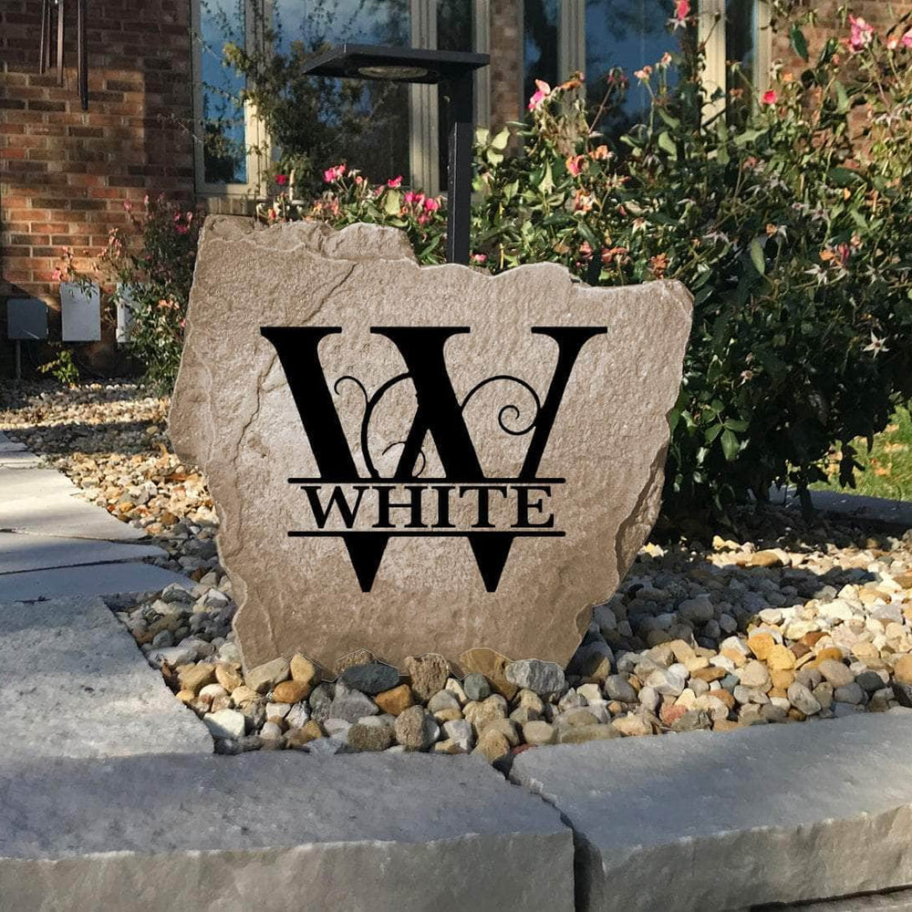 Elegant personalized monogram lawn stone offering a classic outdoor accent that reflects your family's style while elevating the appearance of your property.