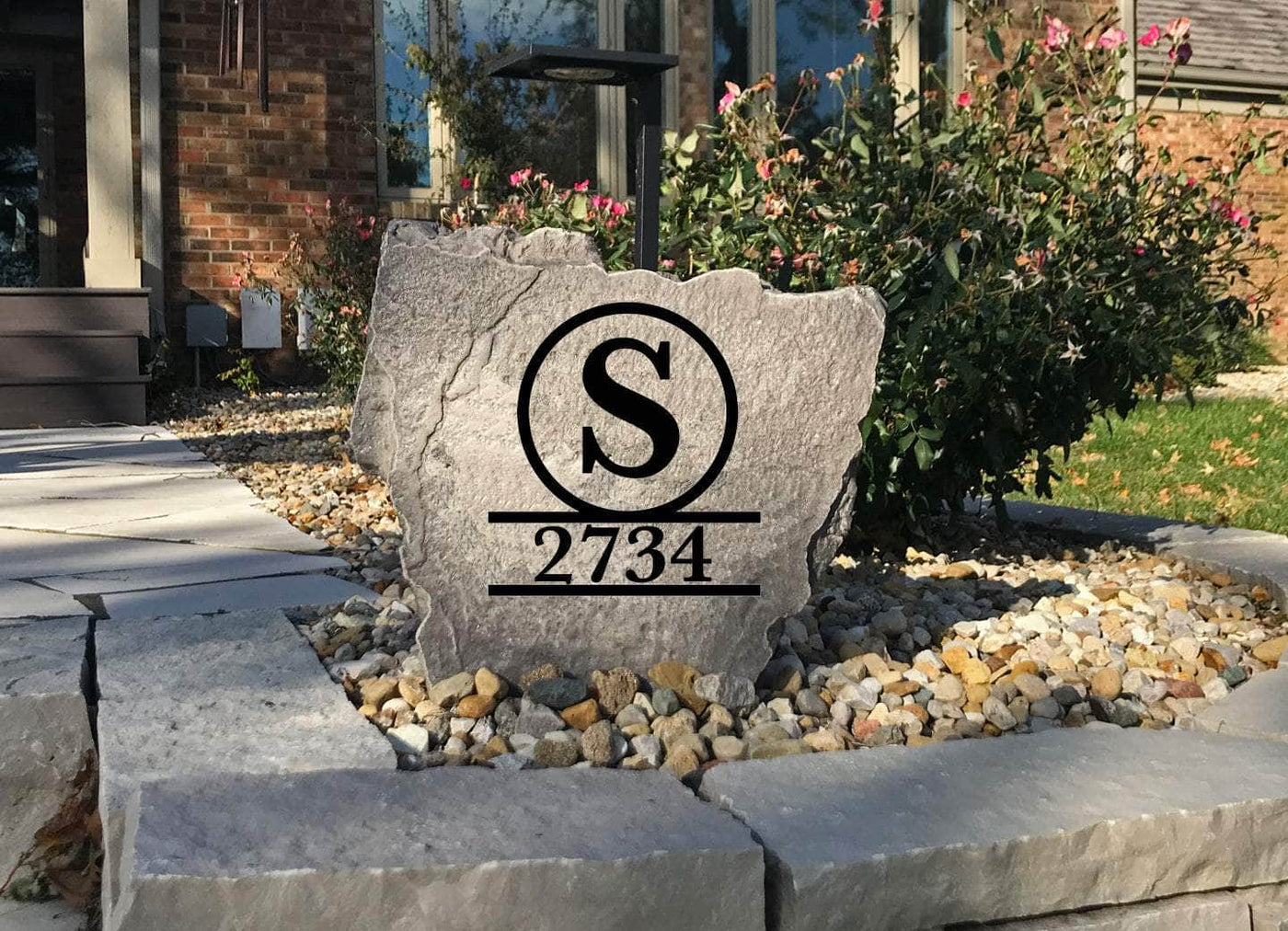 Decorative outdoor monogram address rock for home entryway landscaping