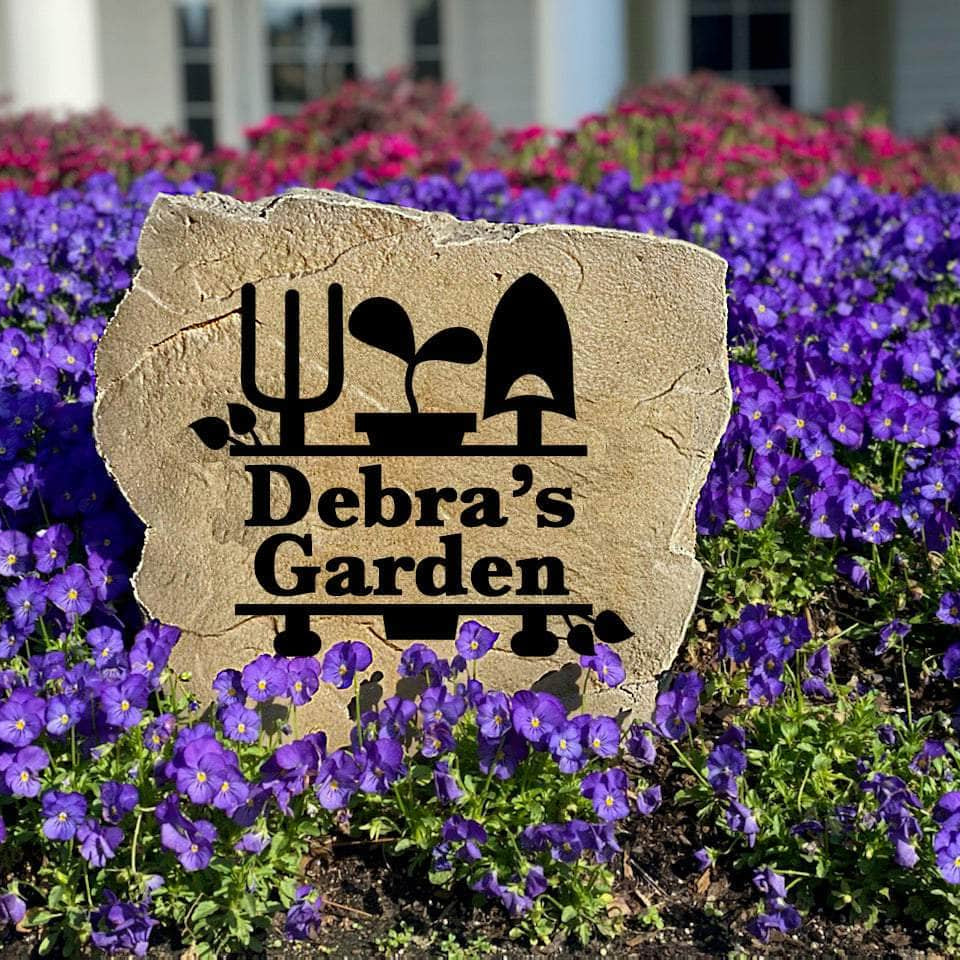 Decorative family monogram landscape stone personalized with your last name, designed to enhance curb appeal with classic garden style.