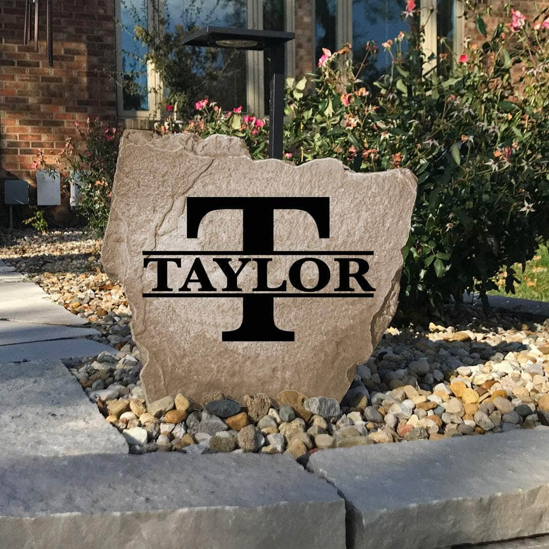 Handcrafted engraved Original Monogram monument combining premium craftsmanship with a bold family initial for a distinguished landscape accent.