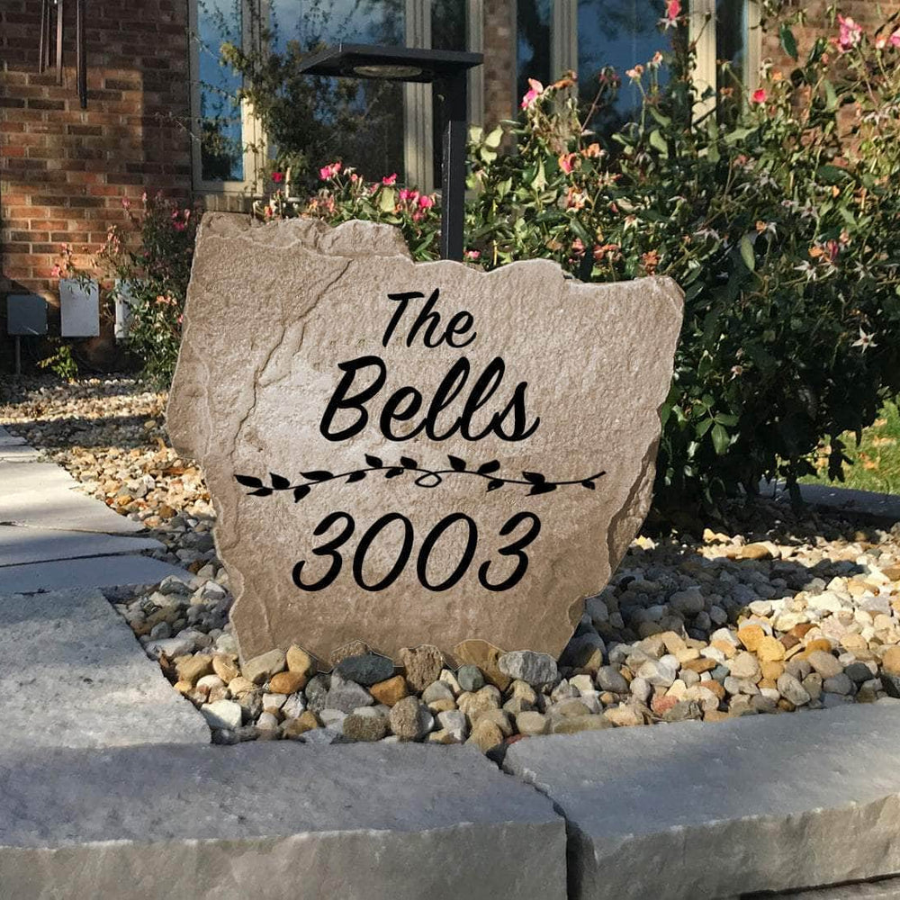 Handcrafted family address monument blending custom engraving with premium concrete construction to create a welcoming and sophisticated landscape accent.
