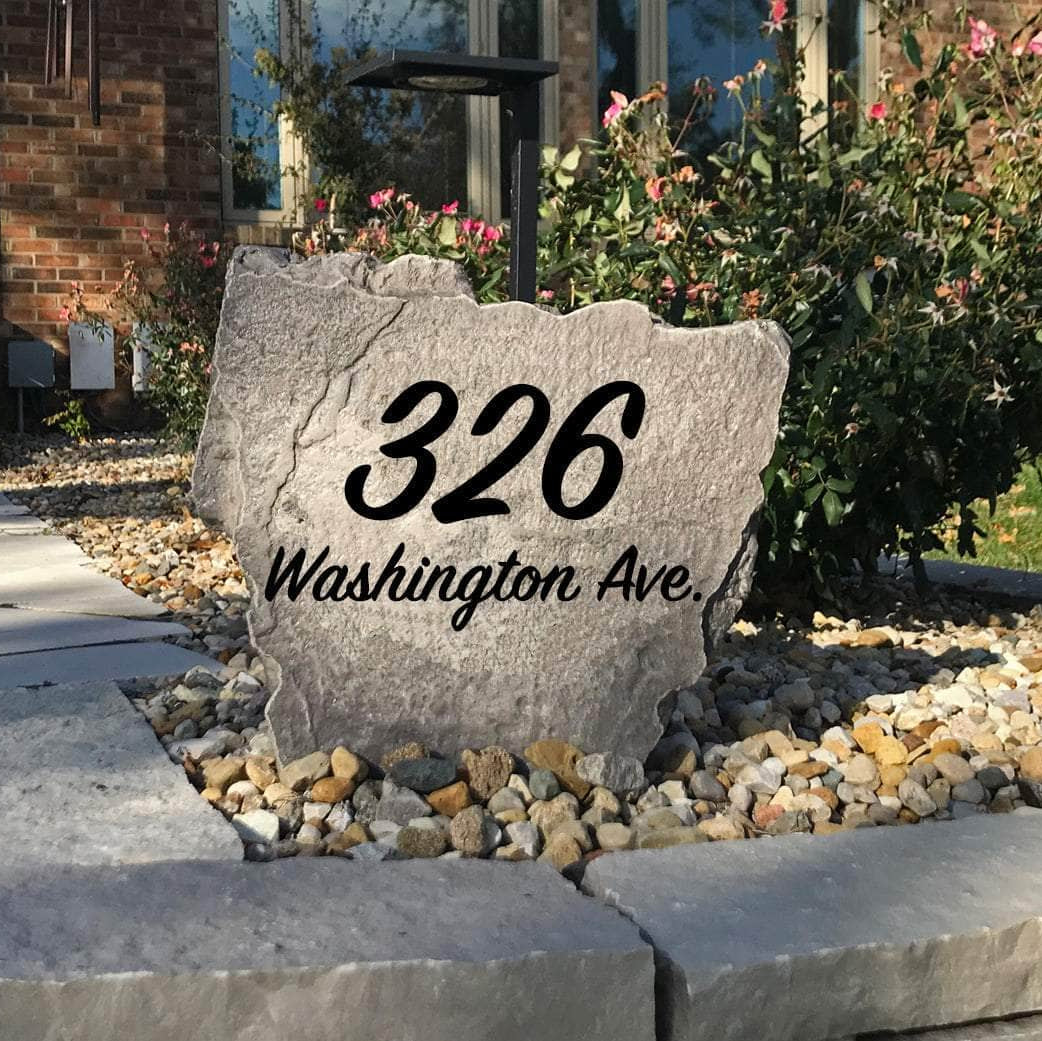 Handcrafted engraved script address monument offering a stylish way to personalize your property with premium craftsmanship and easy-to-read house numbers.