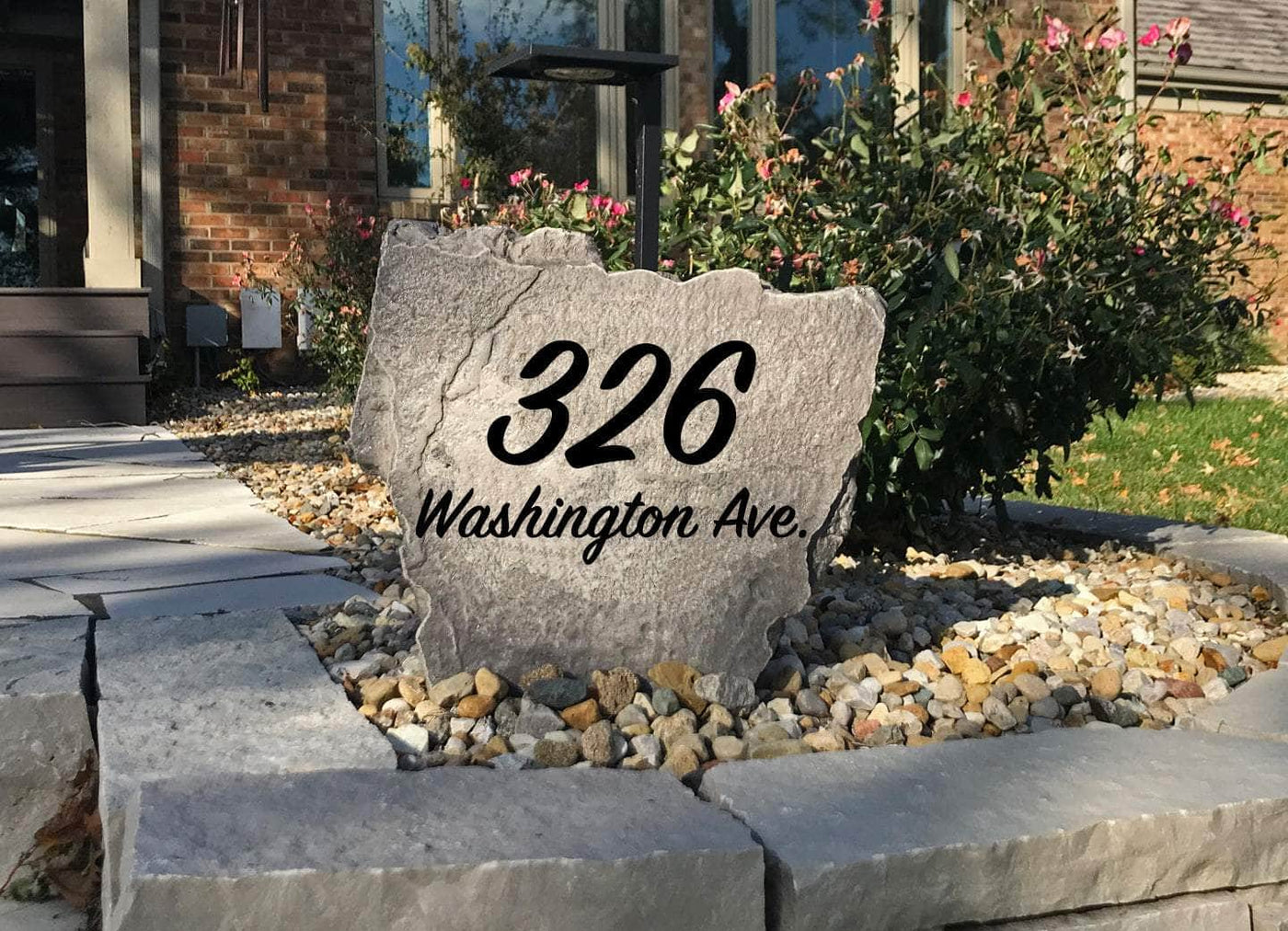 Decorative script address rock for porch, patio, or garden entry