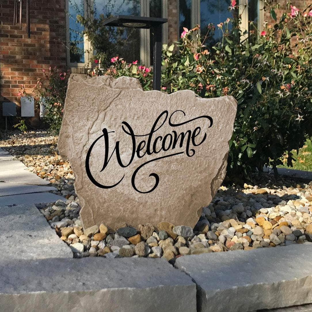 Handcrafted Welcome lawn stone featuring premium engraved craftsmanship that creates a welcoming focal point for your home's entrance.