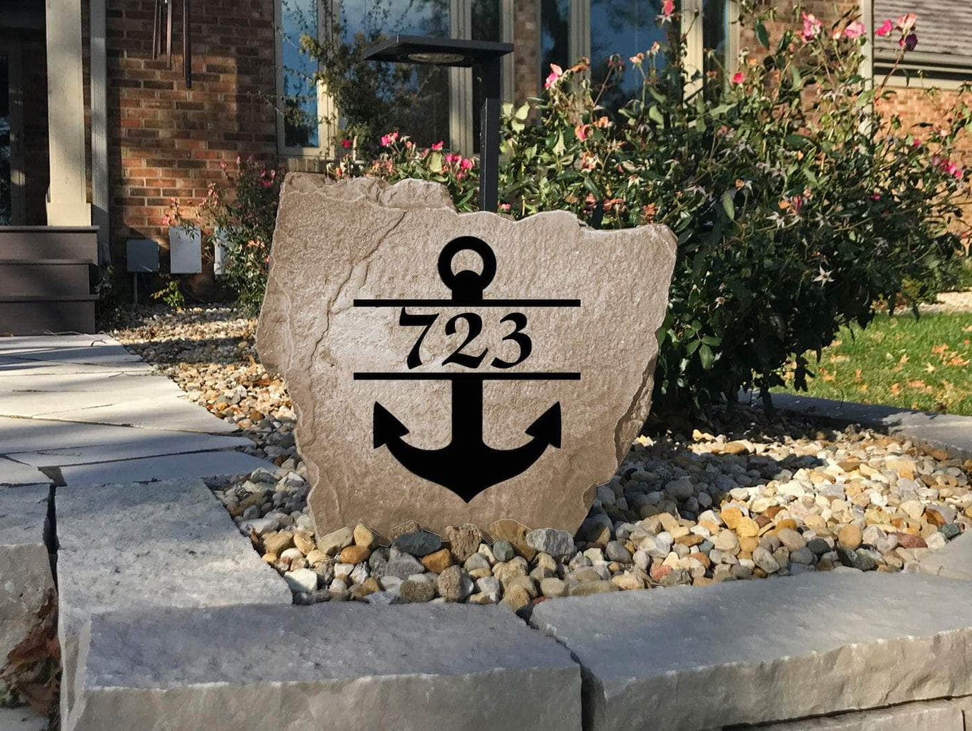 Durable engraved anchor rock with custom house number design