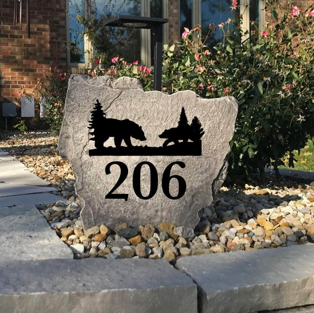 Weather-resistant bear address stone designed to enhance curb appeal while celebrating the beauty of nature with lasting outdoor craftsmanship.