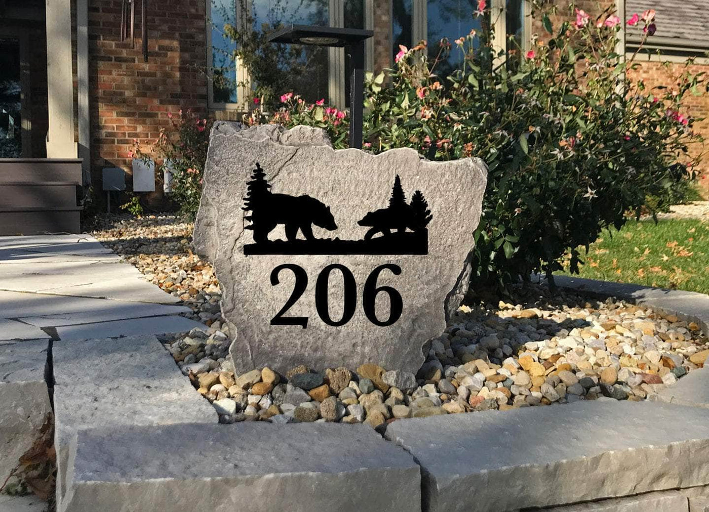 Durable bear address stone for cabin, lodge, or rustic home entry