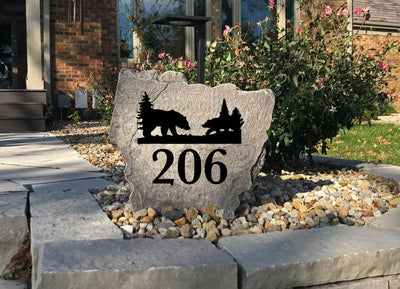 Durable bear address stone for cabin, lodge, or rustic home entry