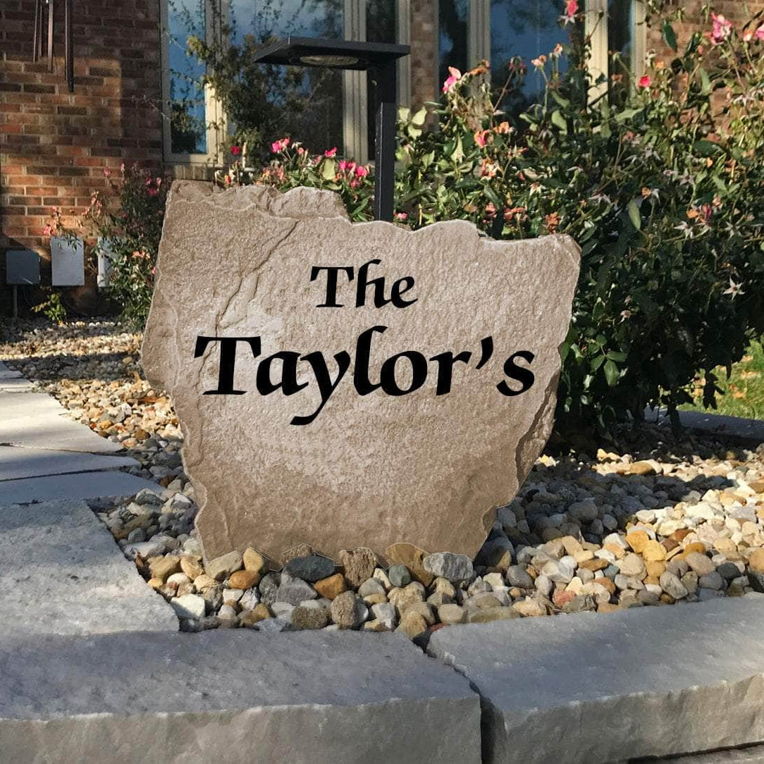 Handcrafted engraved Bold Name monument offering a timeless outdoor accent with bold typography and exceptional durability for every season.
