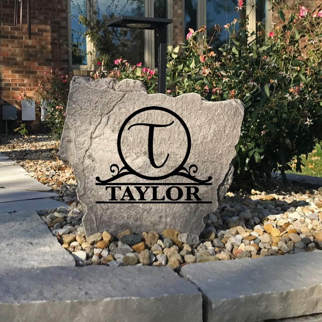 Weather-resistant Circle Monogram Name Stone designed to add classic style and personalized charm to residential landscapes and outdoor living spaces.