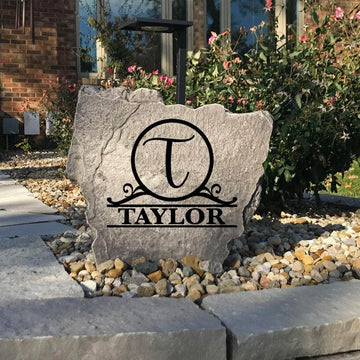 Weather-resistant Circle Monogram Name Stone designed to add classic style and personalized charm to residential landscapes and outdoor living spaces.
