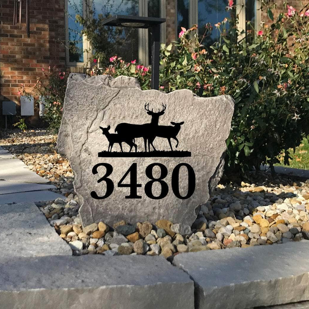 Weather-resistant deer address stone designed to elevate curb appeal while showcasing your home's numbers with classic woodland style.