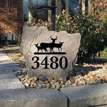 Weather-resistant deer address stone designed to elevate curb appeal while showcasing your home's numbers with classic woodland style.