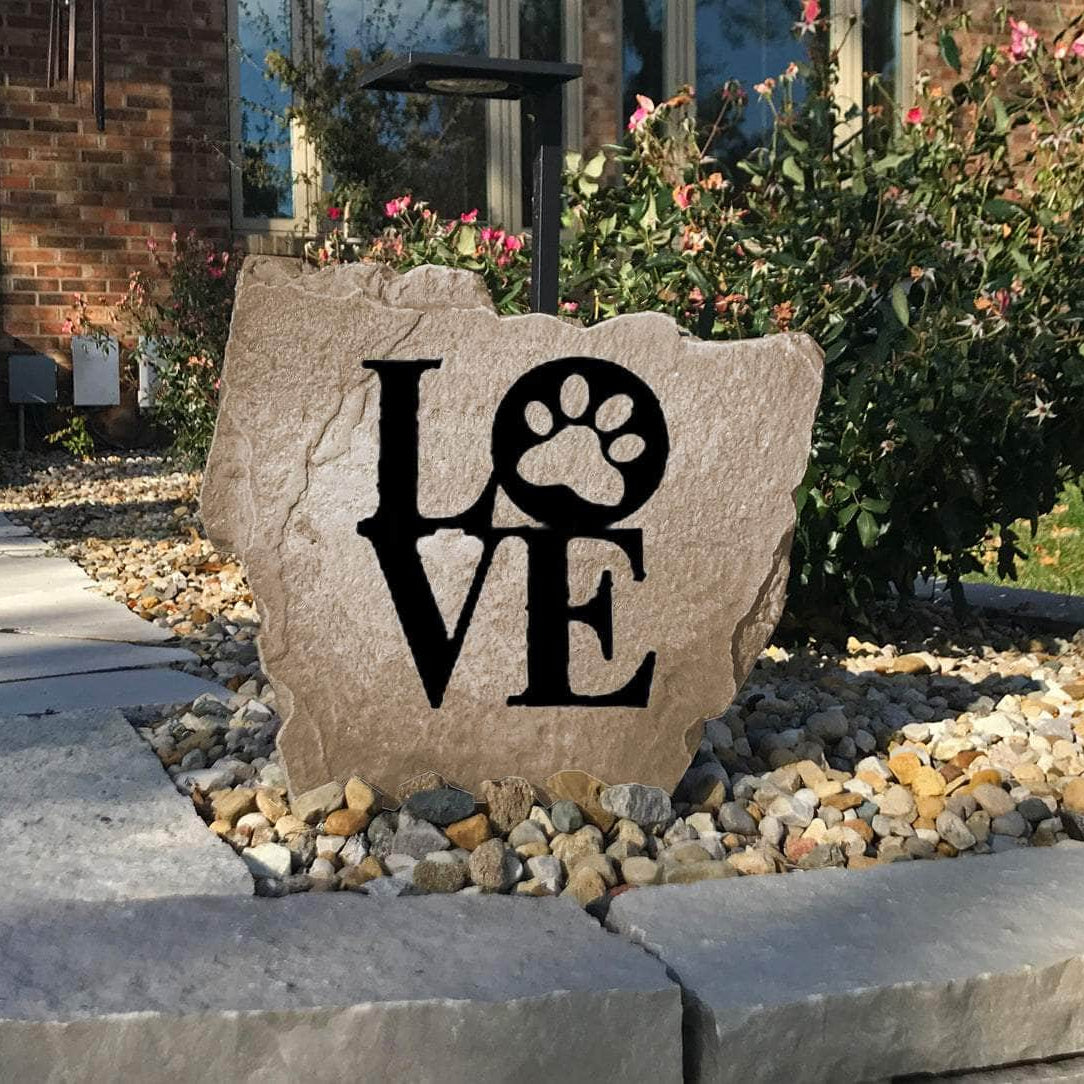 Weather-resistant Dog Love outdoor monument adding lasting character to flower beds, backyard retreats, and pet-friendly homes with timeless craftsmanship.