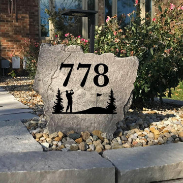 Weather-resistant golf house number stone designed to improve curb appeal while showcasing your love for golf with timeless outdoor style.