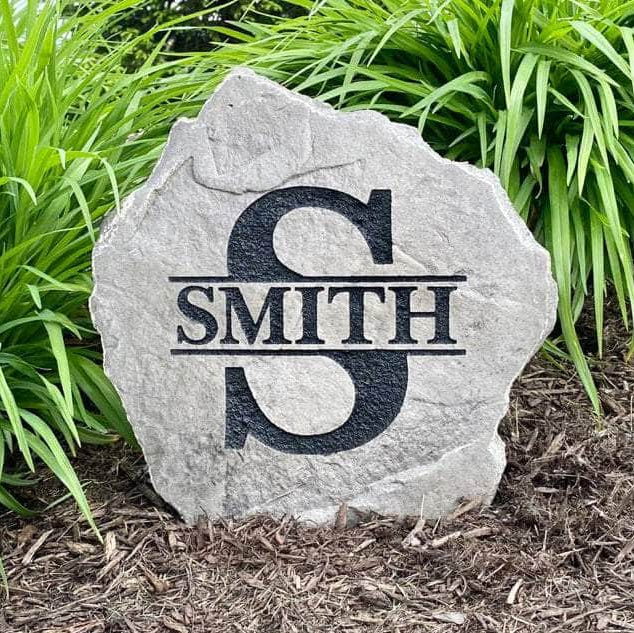 Decorative Original Monogram landscape stone showcasing a classic engraved initial, perfect for enhancing curb appeal with sophisticated outdoor style.