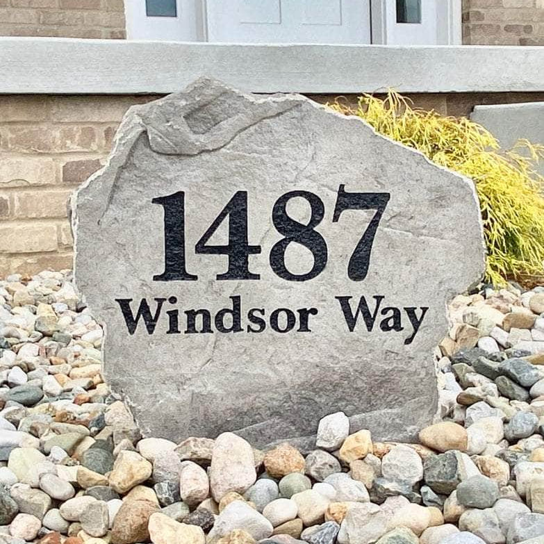 Classic custom address stone offering a sophisticated way to showcase your house numbers while adding timeless character to your property's exterior.