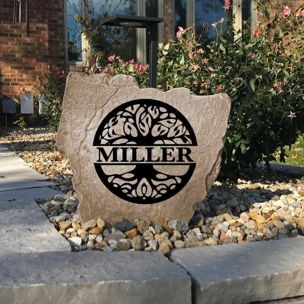 Weather-resistant Tree of Life family initial marker designed to add natural beauty and personalized style to your outdoor living space.